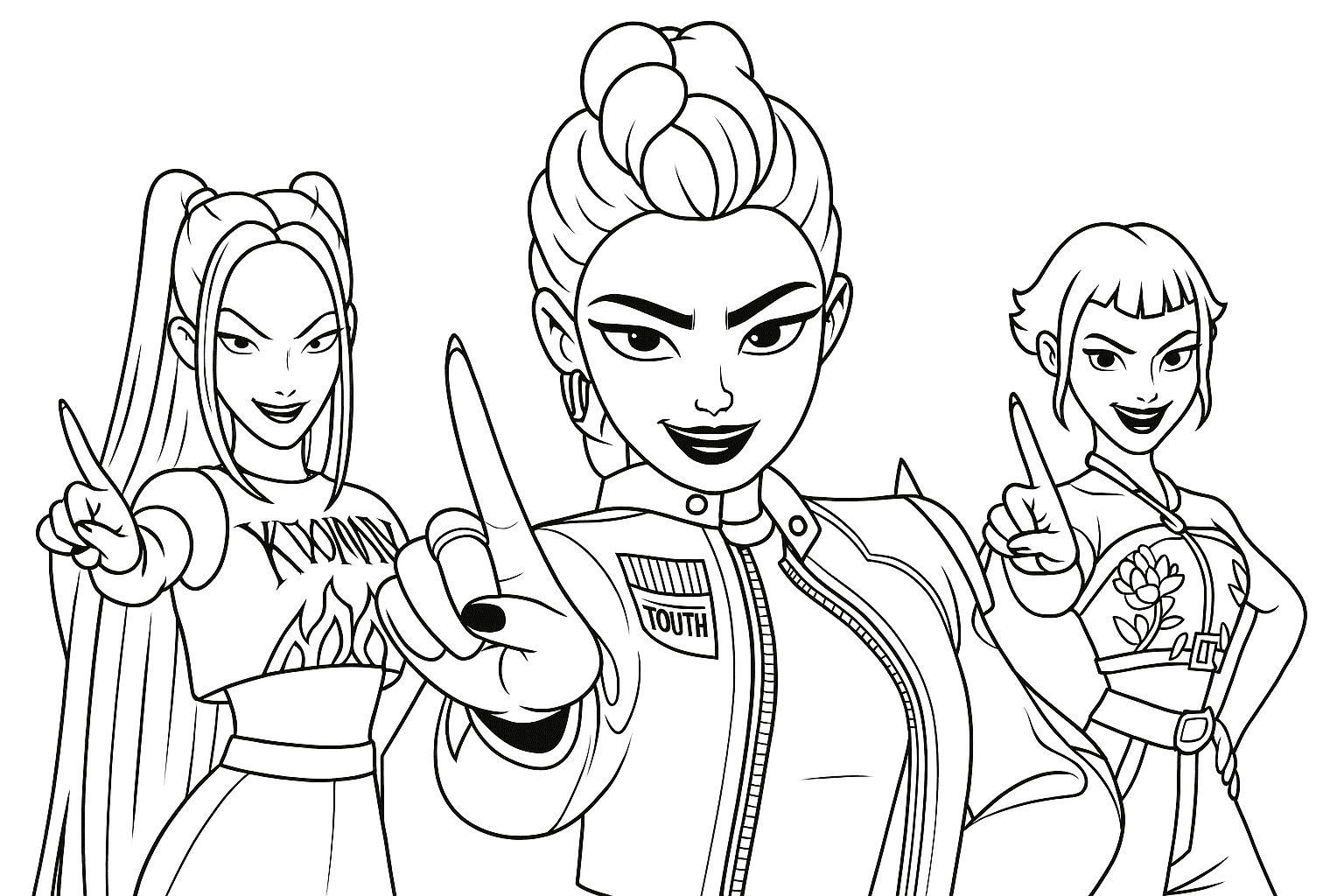HUNTR/X Team Coloring Page - Free printable coloring page for all-ages (easy difficulty level)