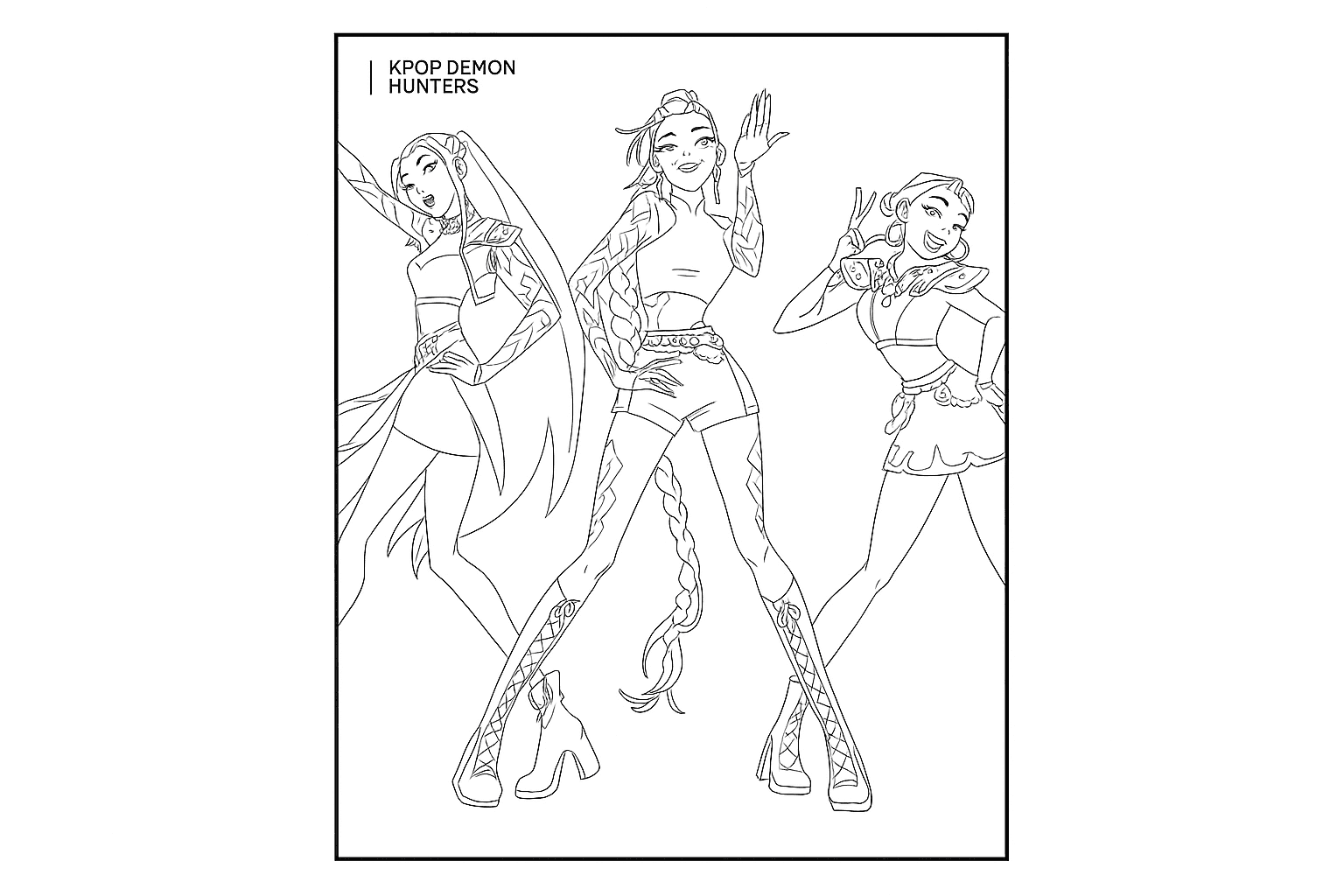 KPop Demon Hunters HUNTR/X Trio Coloring Page - Free printable coloring page for all-ages (easy difficulty level)