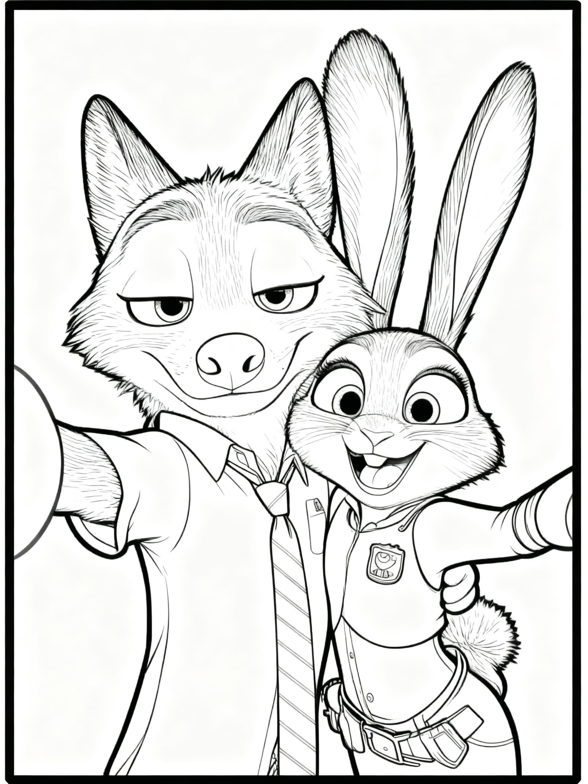 Nick and Judy Selfie Coloring Page - Free printable coloring page for all-ages (easy difficulty level)